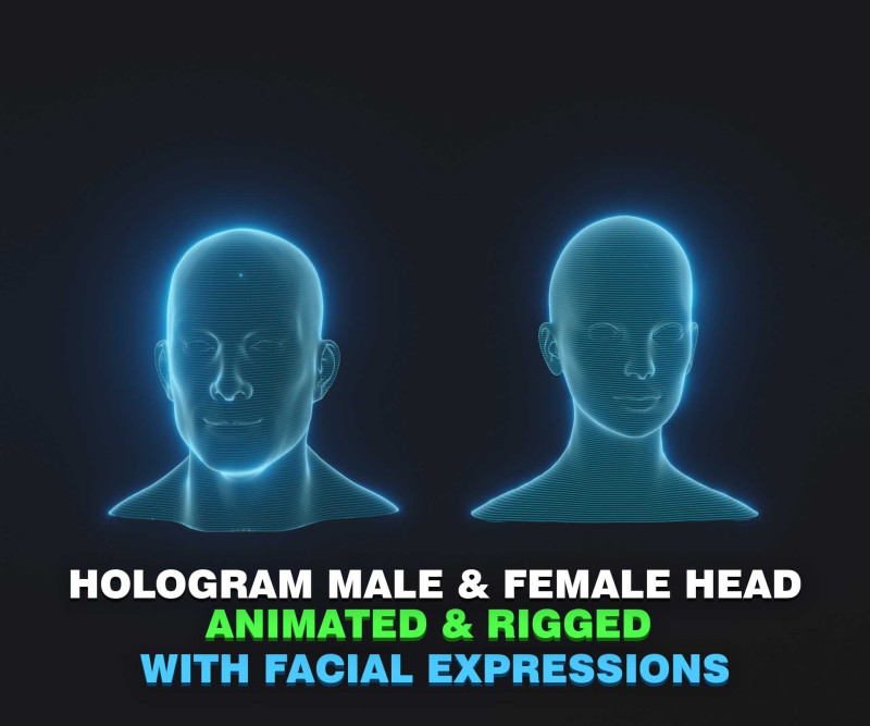 Hologram Male and Female Head Animated with Facial Expressions Modèle 3D .c4d .max .obj .3ds .fbx .stl .blend 