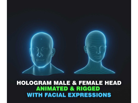 Hologram Male and Female Head Animated with Facial Expressions 3D Модель