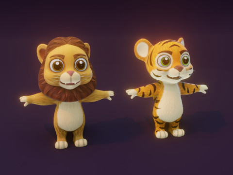 Cartoon Animated Lion and Tiger Collection 3D मॉडल