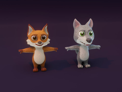 Cartoon Animated Wolf and Fox Collection 3D Model