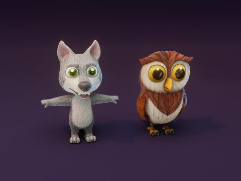 Cartoon Animated Wolf and Owl Collection 3D Модель