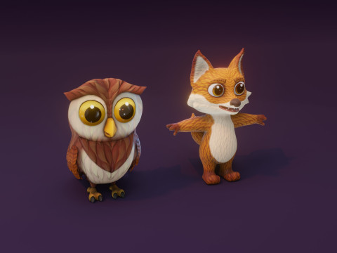 Cartoon Animated Owl and Fox Collection 3D Model