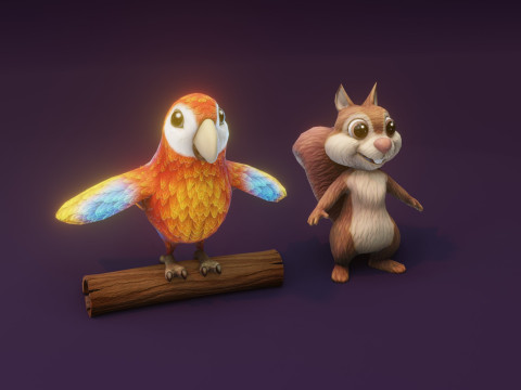 Cartoon Animated Ara Parrot and Squirrel Collection 3D Модель