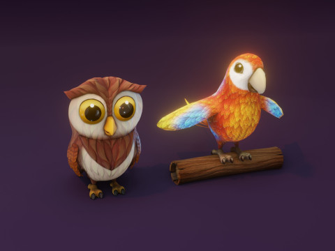 Cartoon Animated Owl and Ara Parrot Collection 3D Модель