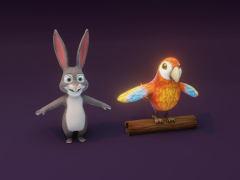Cartoon Animated Ara Parrot and Rabbit Collection 3D Модель