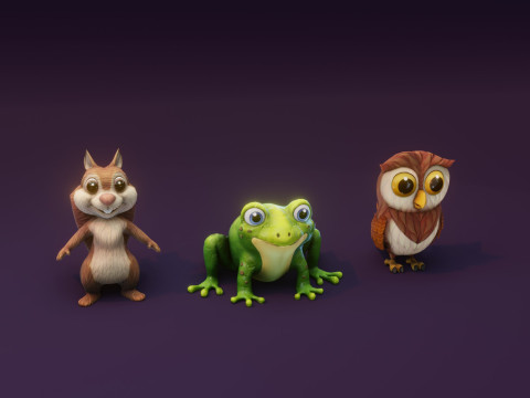 Cartoon Animated Frog Squirrel and Owl Collection 3D Модель