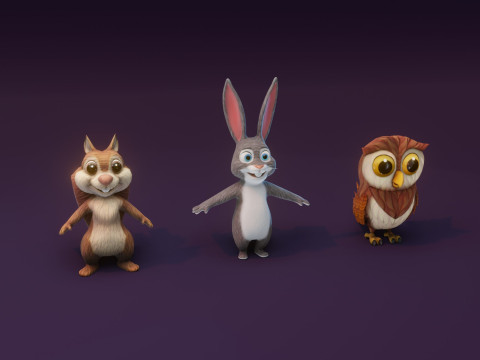 Cartoon Animated Squirrel Rabbit and Owl Collection 3D Модель