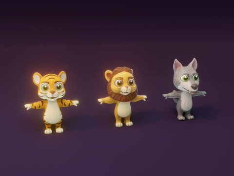 Cartoon Animated Tiger Lion and Wolf Collection 3D Модель