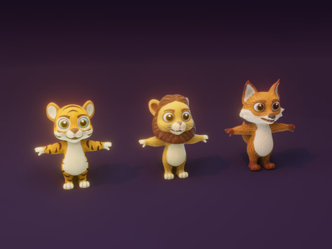 Cartoon Animated Tiger Lion and Fox Collection 3D Модель