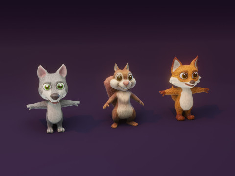 Cartoon Animated Wolf Fox and Squirrel Collection 3D Модель