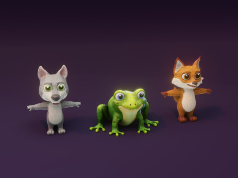 Cartoon Animated Wolf Fox and Frog Collection 3D Модель
