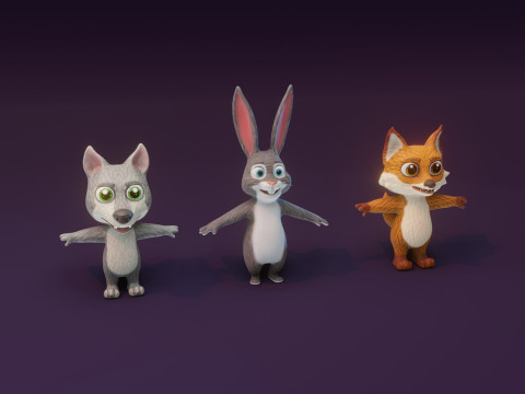 Cartoon Animated Wolf Fox and Rabbit Collection 3D Модель