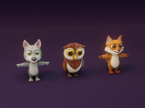 Cartoon Animated Owl Wolf and Fox Collection 3D Модель