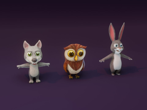 Cartoon Animated Owl Wolf and Rabbit Collection 3D Модель