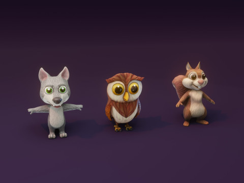 Cartoon Animated Owl Wolf and Squirrel Collection 3D Модель
