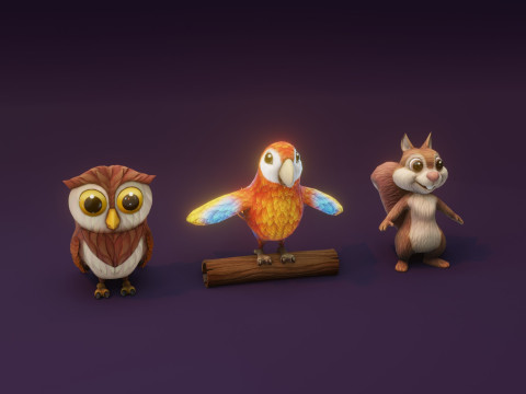 Cartoon Animated Ara Parrot Owl and Squirrel Collection 3D Модель