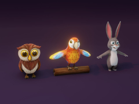 Cartoon Animated Ara Parrot Owl and Rabbit Collection 3D Модель