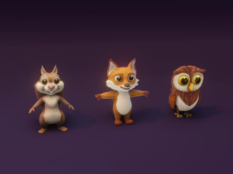 Cartoon Animated Squirrel Owl and Fox Collection 3D Модель