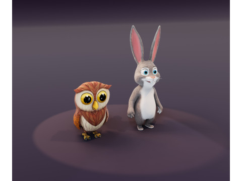 Hooty Fluffy Animated Owl and Rabbit Collection Model 3D