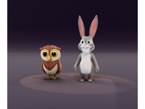 Hooty Fluffy Animated Owl and Rabbit Collection Model 3D