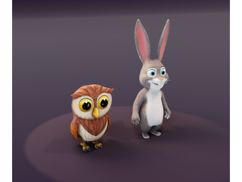Hooty Fluffy Animated Owl and Rabbit Collection Model 3D