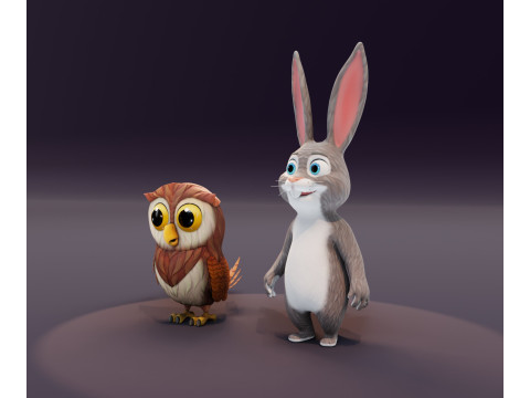 Hooty Fluffy Animated Owl and Rabbit Collection Model 3D