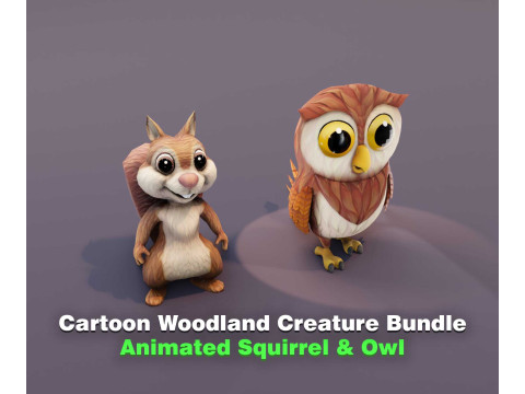 Cartoon Woodland Creature Bundle Animated Squirrel Owl 3D Model