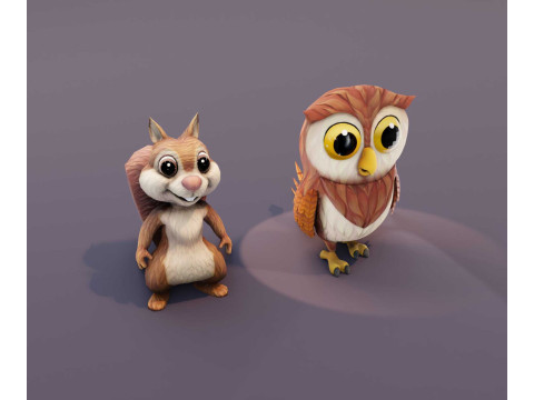Cartoon Woodland Creature Bundle Animated Squirrel Owl 3D Модель