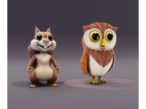Cartoon Woodland Creature Bundle Animated Squirrel Owl 3D Модель