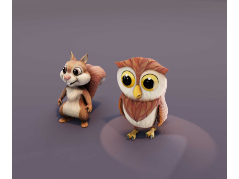 Cartoon Woodland Creature Bundle Animated Squirrel Owl 3D Модель
