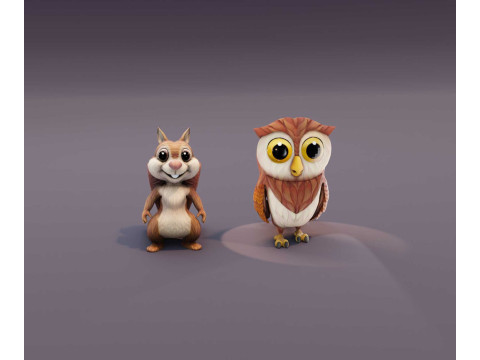 Cartoon Woodland Creature Bundle Animated Squirrel Owl 3D Модель
