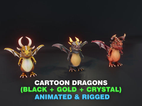 Cartoon Dragons Black Dragon Gold Dragon Crystal Dragon 3D Model