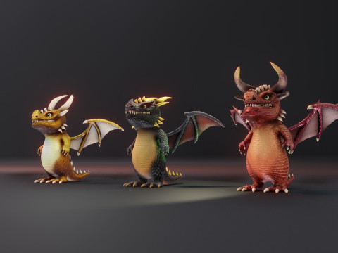 Cartoon Dragons Black Dragon Gold Dragon Crystal Dragon Model 3D