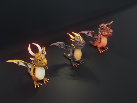 Cartoon Dragons Black Dragon Gold Dragon Crystal Dragon Model 3D