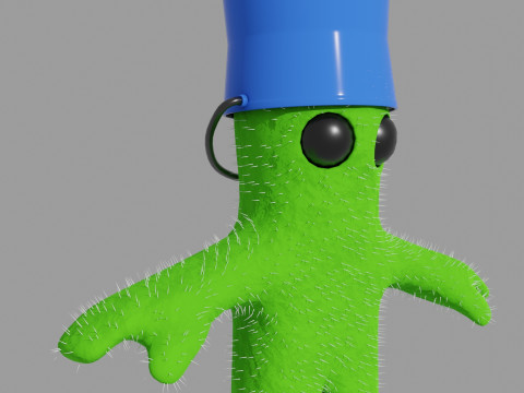 Baby green humanoid cactus with bucket on head Modèle 3D
