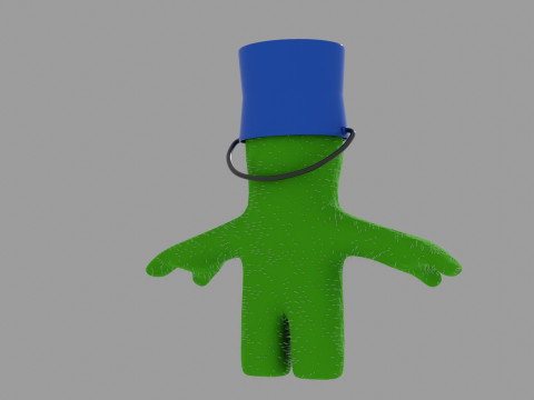 Baby green humanoid cactus with bucket on head Modèle 3D