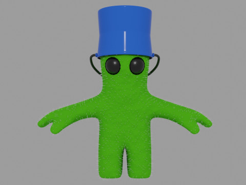 Baby green humanoid cactus with bucket on head Modèle 3D