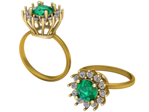 3D GOLD RING 3D Printable Model round-cut green gemstone 3D Print Model