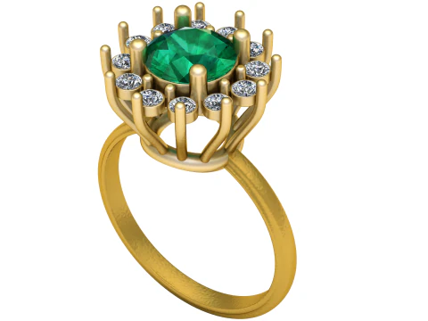 3D GOLD RING 3D Printable Model round-cut green gemstone 3D Print Model