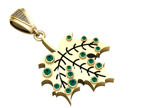 Pingente de folha dourada com detalhes em esmeralda Modelo 3D