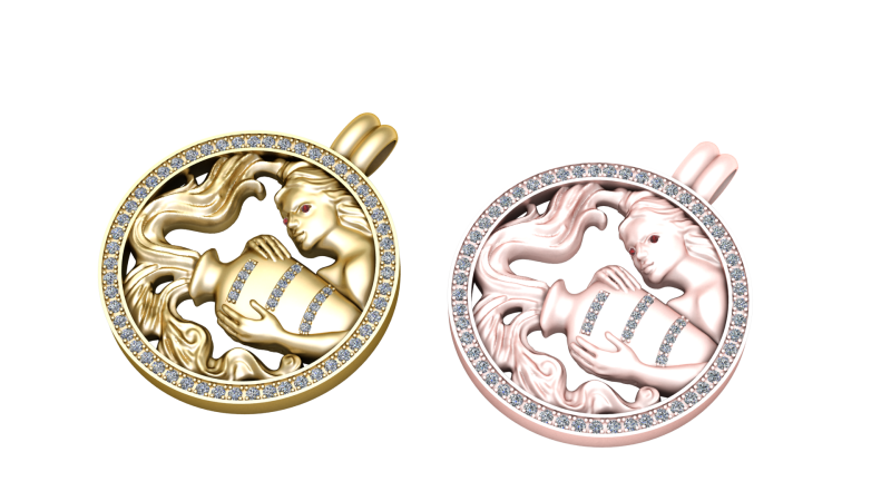 Aquarius Zodiac Gold Pendant with Diamond Accents 3D Model .c4d .max .obj .3ds .fbx .stl .blend
