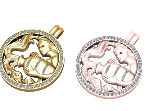 ダイヤモンドのアクセントが付いた水瓶座の星座ゴールドペンダント 3Dモデル