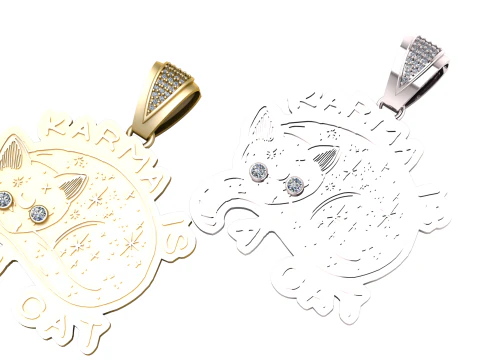 Karma Is a Cat Gold Pendant with Diamond Eyes 3D Model