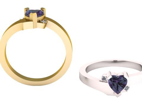 Heart-Shaped Amethyst Solitaire Ring with Diamond Accents 3D Model