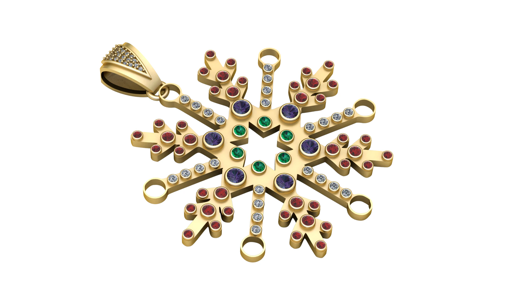 Royal Snowflake Multicolor Gemstone Gold Pendant 3D Model .c4d .max .obj .3ds .fbx .stl .blend 