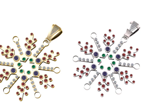 Royal Snowflake Multicolor Gemstone Gold Pendant 3D Model