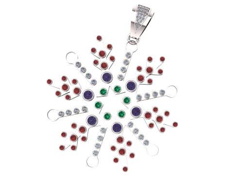 Royal Snowflake Multicolor Gemstone Gold Pendant 3D Model