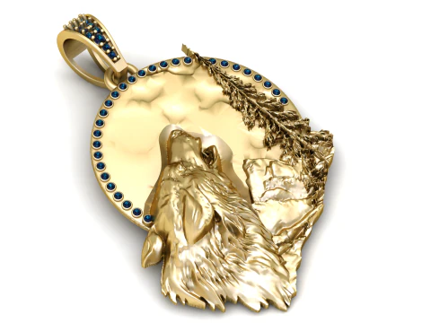 Golden Howling Wolf Wilderness Pendant 3D Print Model