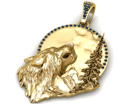 Golden Howling Wolf Wilderness Pendant 3D Print Model