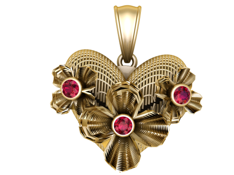 Golden Floral Heart Pendant with Ruby Accents 3Dモデル
